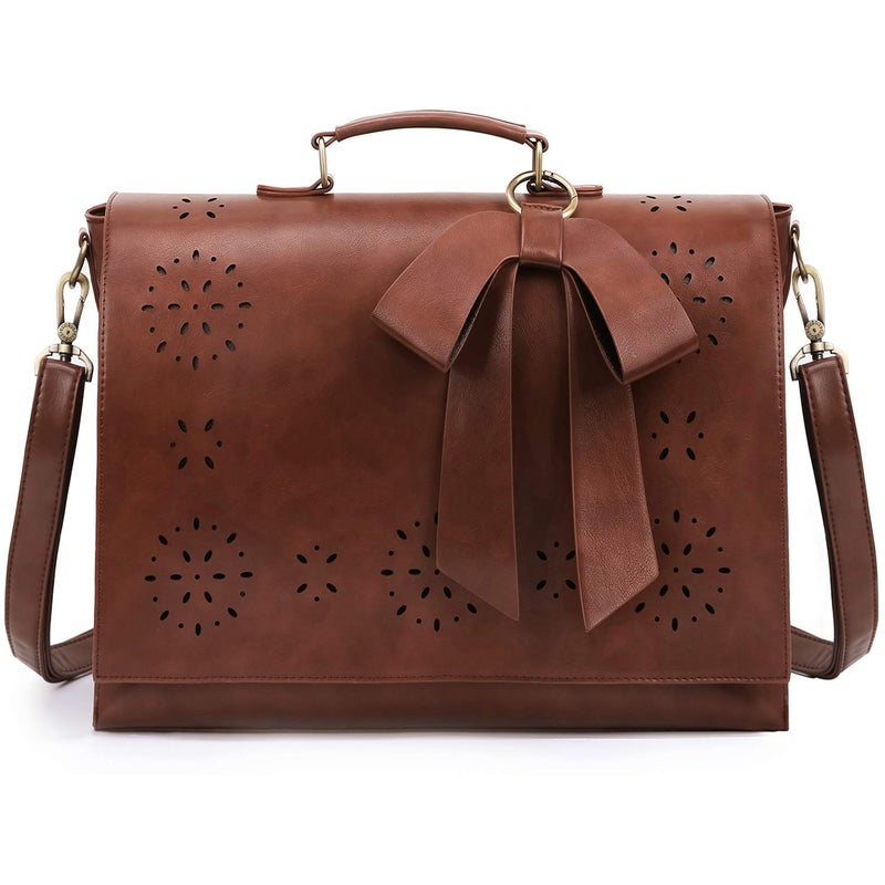 ECOSUSI Women's Briefcase Vegan Leather 15.6 inch Laptop Bag for Work Computer Shoulder Satchel Bag with Detachable Bow, Coffee - Image 1